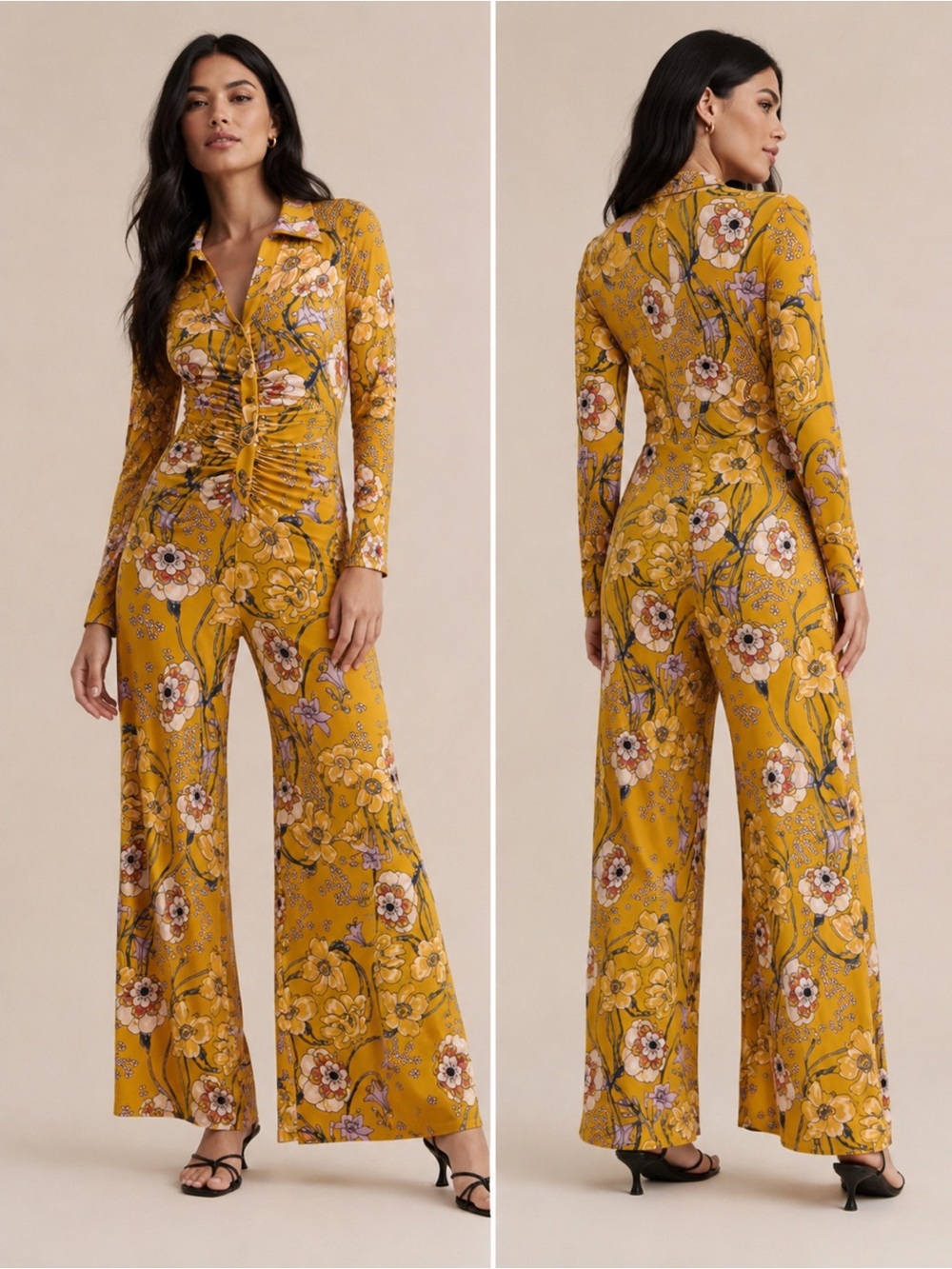 Free People Floral Mustard Long-Sleeve Jumpsuit